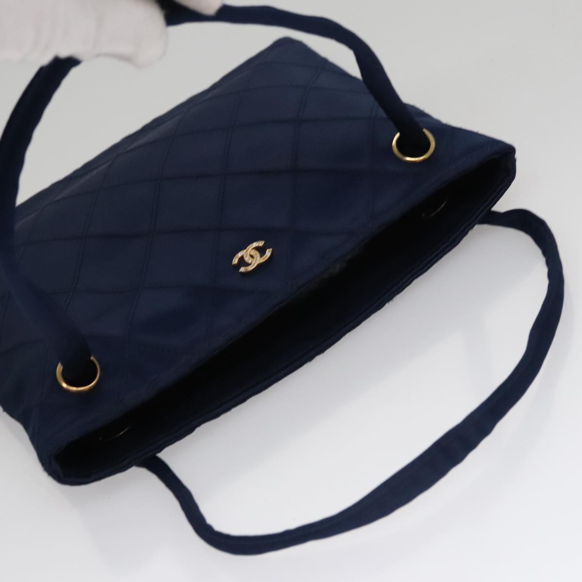 CHANEL Matelasse Hand Bag Satin Blue Gold CC 109061