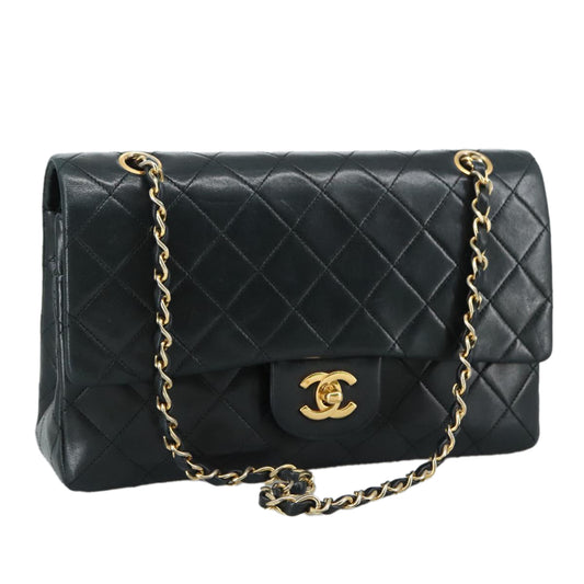 CHANEL Matelasse 25 Double Flap Chain Bag Lamb Skin Black Gold CC 109063A
