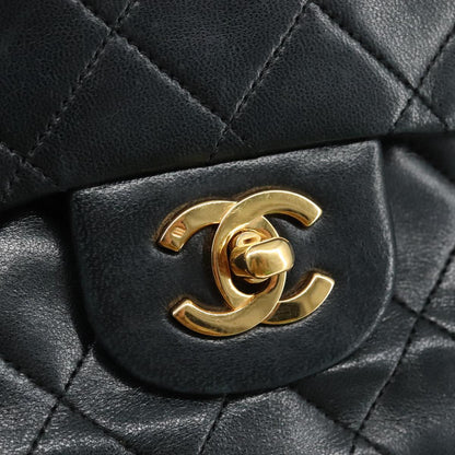 CHANEL Matelasse 25 Double Flap Chain Bag Lamb Skin Black Gold CC 109063A