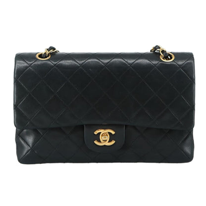 CHANEL Matelasse 25 Double Flap Chain Bag Lamb Skin Black Gold CC 109063A