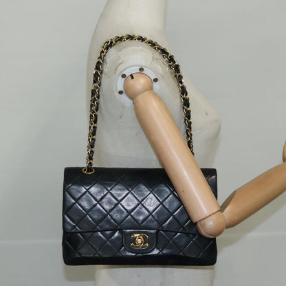 CHANEL Matelasse 25 Double Flap Chain Bag Lamb Skin Black Gold CC 109063A