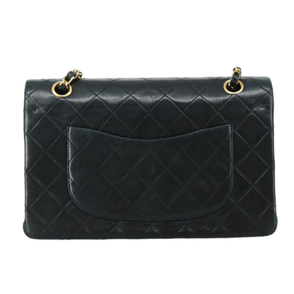 CHANEL Matelasse 25 Double Flap Chain Bag Lamb Skin Black Gold CC 109063A