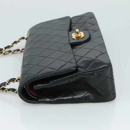 CHANEL Matelasse 25 Double Flap Chain Bag Lamb Skin Black Gold CC 109063A