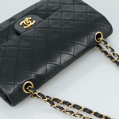CHANEL Matelasse 25 Double Flap Chain Bag Lamb Skin Black Gold CC 109063A