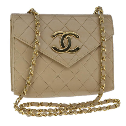 CHANEL Matelasse Big COCO Mark Chain Bag Lamb Skin Beige Gold CC 109065