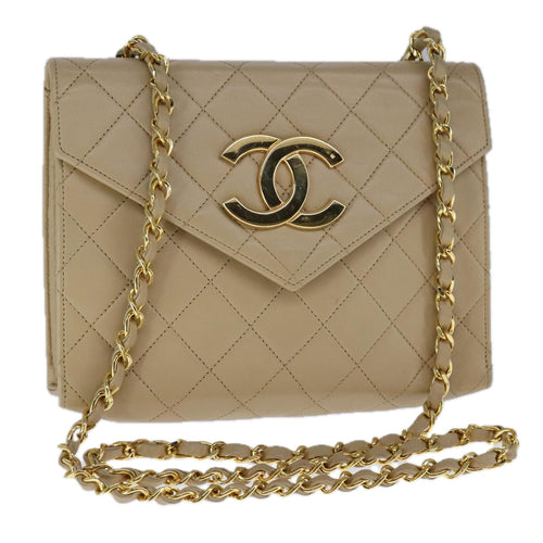 CHANEL Matelasse Big COCO Mark Chain Bag Lamb Skin Beige Gold CC 109065