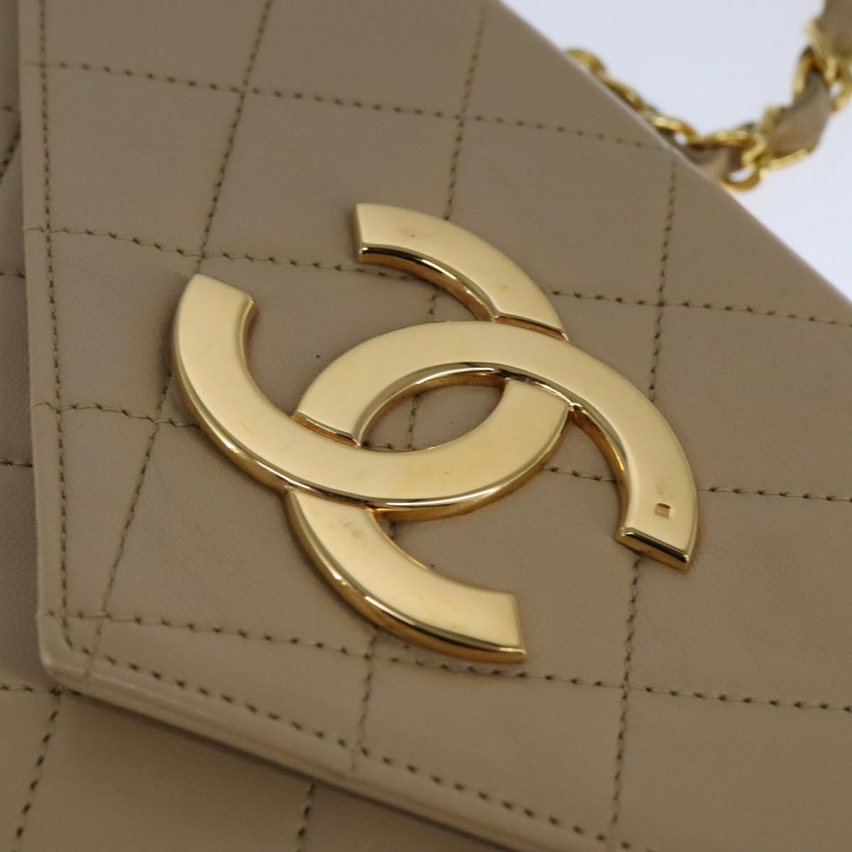 CHANEL Matelasse Big COCO Mark Chain Bag Lamb Skin Beige Gold CC 109065