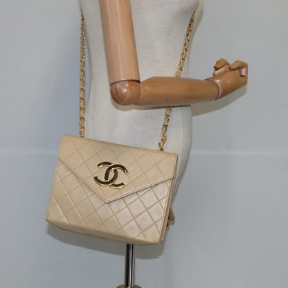 CHANEL Matelasse Big COCO Mark Chain Bag Lamb Skin Beige Gold CC 109065