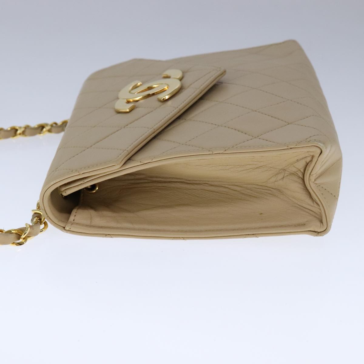 CHANEL Matelasse Big COCO Mark Chain Bag Lamb Skin Beige Gold CC 109065