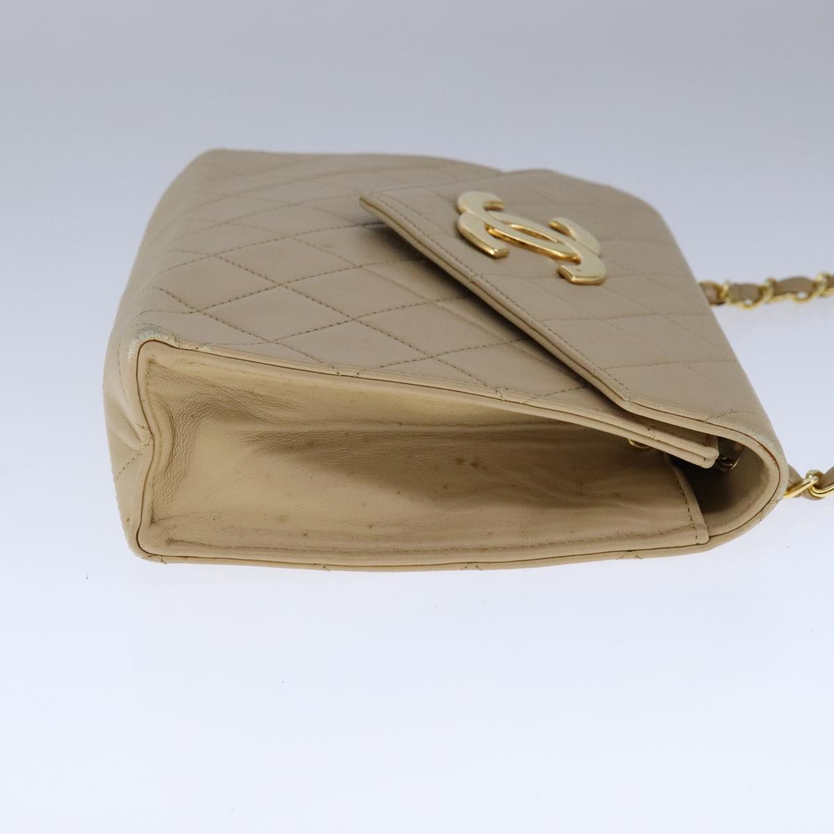 CHANEL Matelasse Big COCO Mark Chain Bag Lamb Skin Beige Gold CC 109065