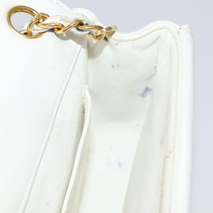 CHANEL Mademoiselle Double Flap Chain Bag Lamb Skin White Gold CC 109066