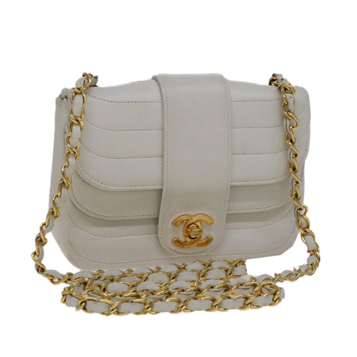 CHANEL Mademoiselle Double Flap Chain Bag Lamb Skin White Gold CC 109066