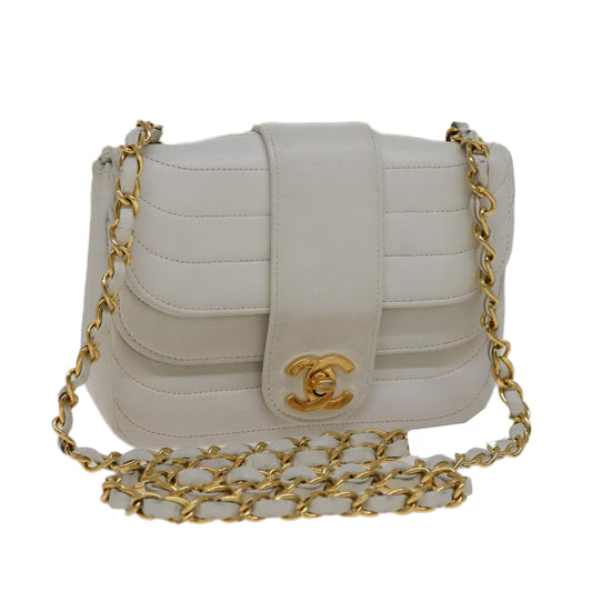 CHANEL Mademoiselle Double Flap Chain Bag Lamb Skin White Gold CC 109066