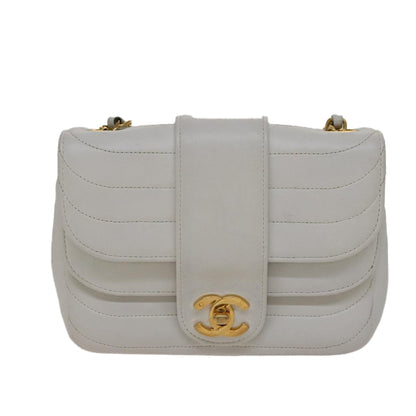 CHANEL Mademoiselle Double Flap Chain Bag Lamb Skin White Gold CC 109066