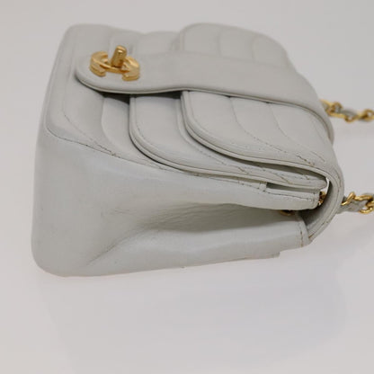 CHANEL Mademoiselle Double Flap Chain Bag Lamb Skin White Gold CC 109066