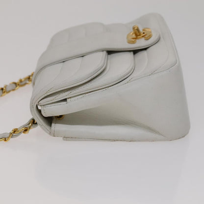 CHANEL Mademoiselle Double Flap Chain Bag Lamb Skin White Gold CC 109066