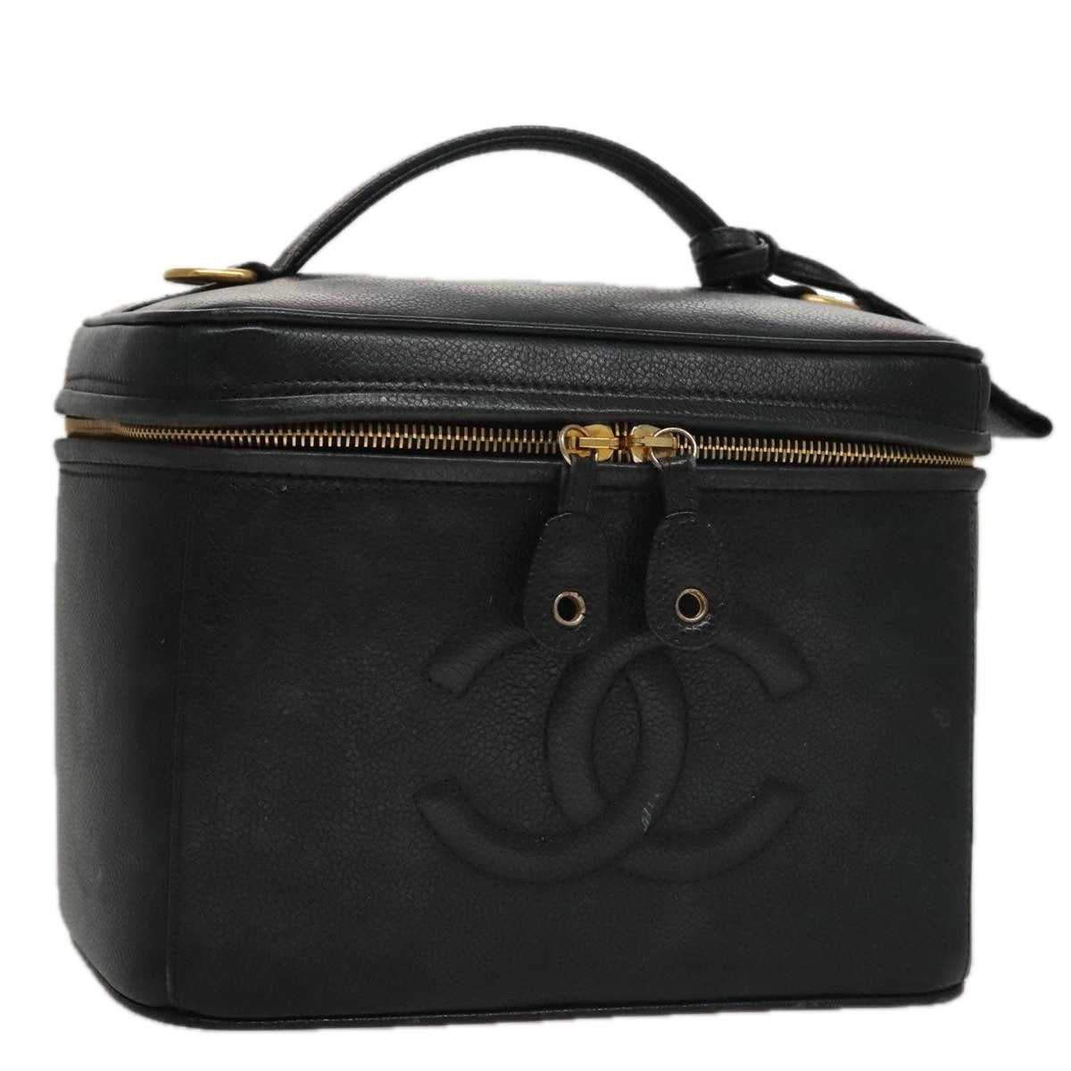 CHANEL Vanity COCO Mark Cosmetic Pouch Caviar Skin Black Gold CC 109190