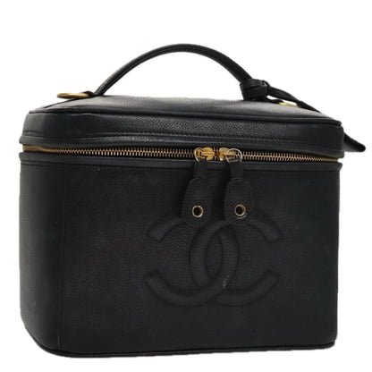 CHANEL Vanity COCO Mark Cosmetic Pouch Caviar Skin Black Gold CC 109190