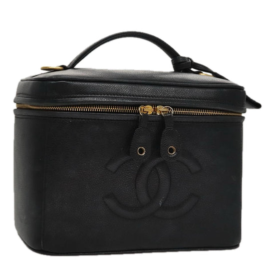 CHANEL Vanity COCO Mark Cosmetic Pouch Caviar Skin Black Gold CC 109190