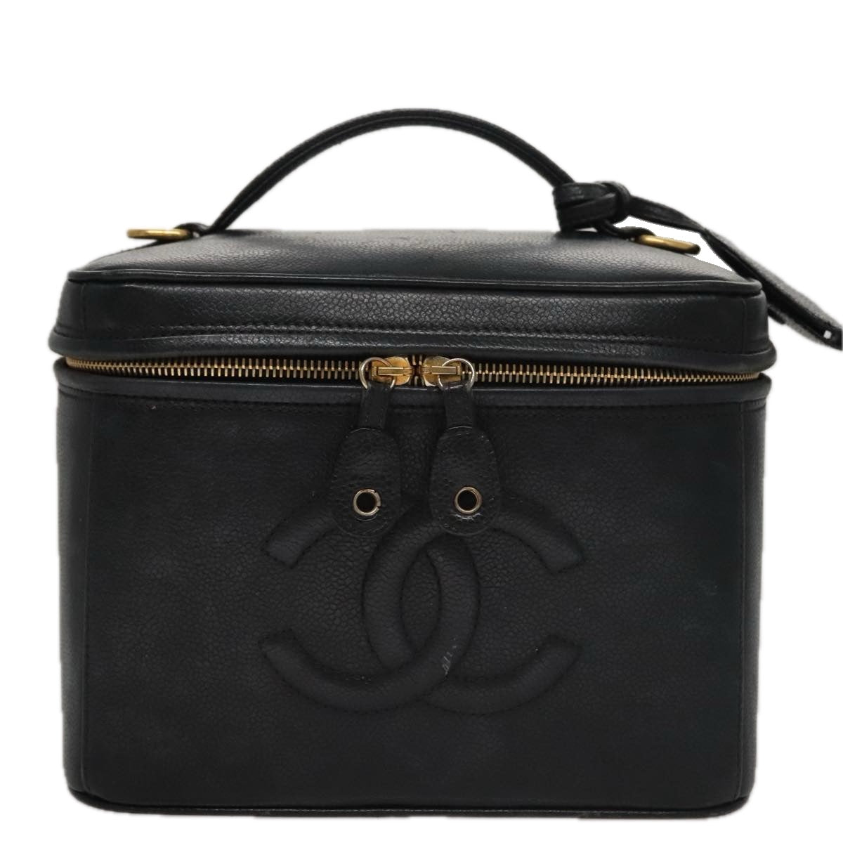 CHANEL Vanity COCO Mark Cosmetic Pouch Caviar Skin Black Gold CC 109190