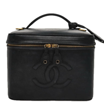 CHANEL Vanity COCO Mark Cosmetic Pouch Caviar Skin Black Gold CC 109190