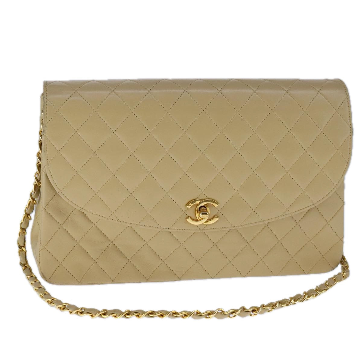 CHANEL Matelasse Chain Shoulder Bag Lamb Skin Beige Gold CC 109209