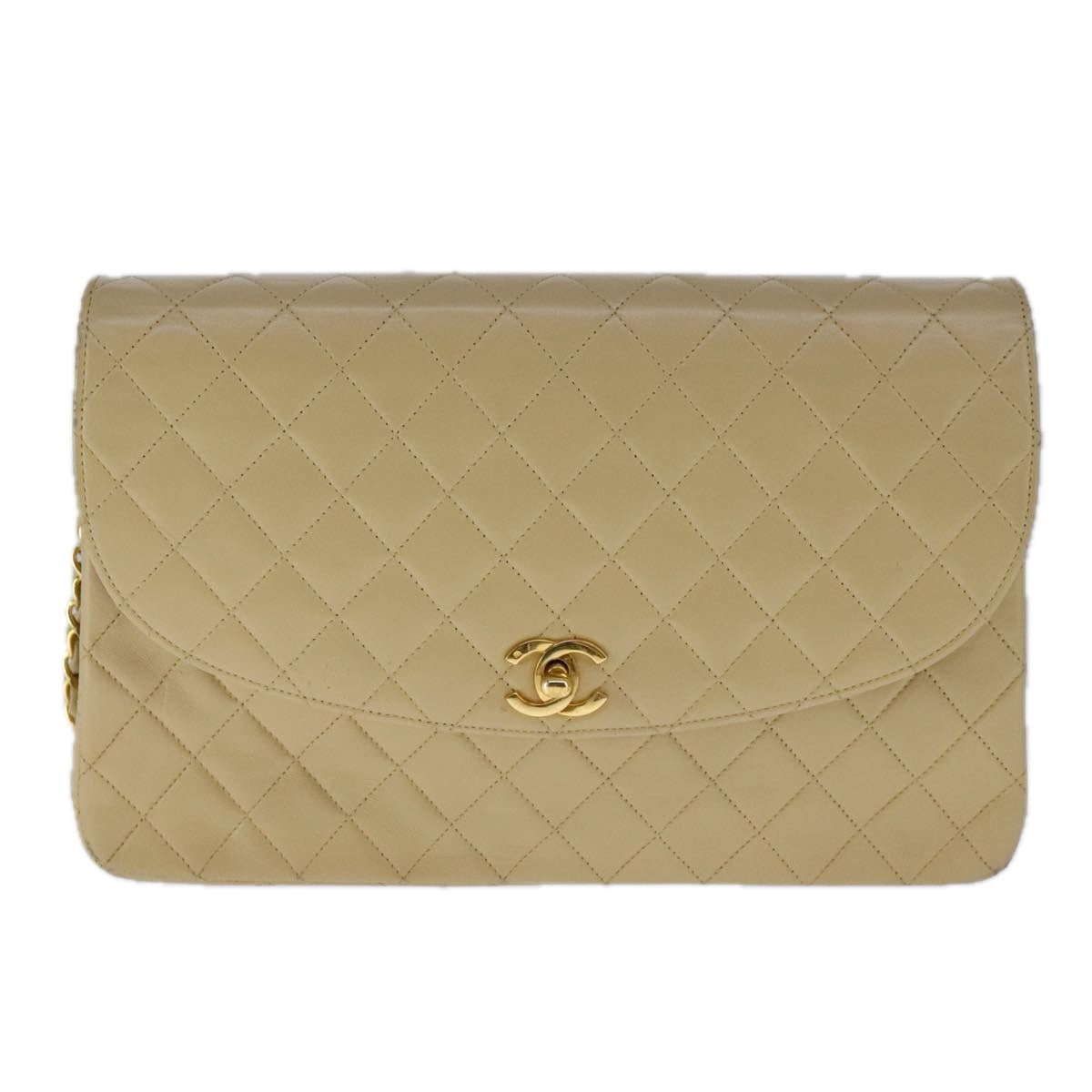 CHANEL Matelasse Chain Shoulder Bag Lamb Skin Beige Gold CC 109209