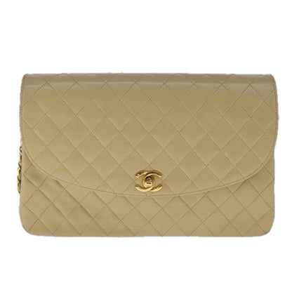 CHANEL Matelasse Chain Shoulder Bag Lamb Skin Beige Gold CC 109209