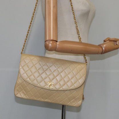 CHANEL Matelasse Chain Shoulder Bag Lamb Skin Beige Gold CC 109209