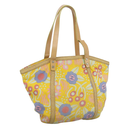 CHANEL Tote Bag Canvas Leather Yellow Beige Silver CC 109460