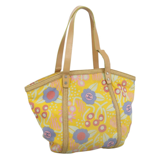 CHANEL Tote Bag Canvas Leather Yellow Beige Silver CC 109460