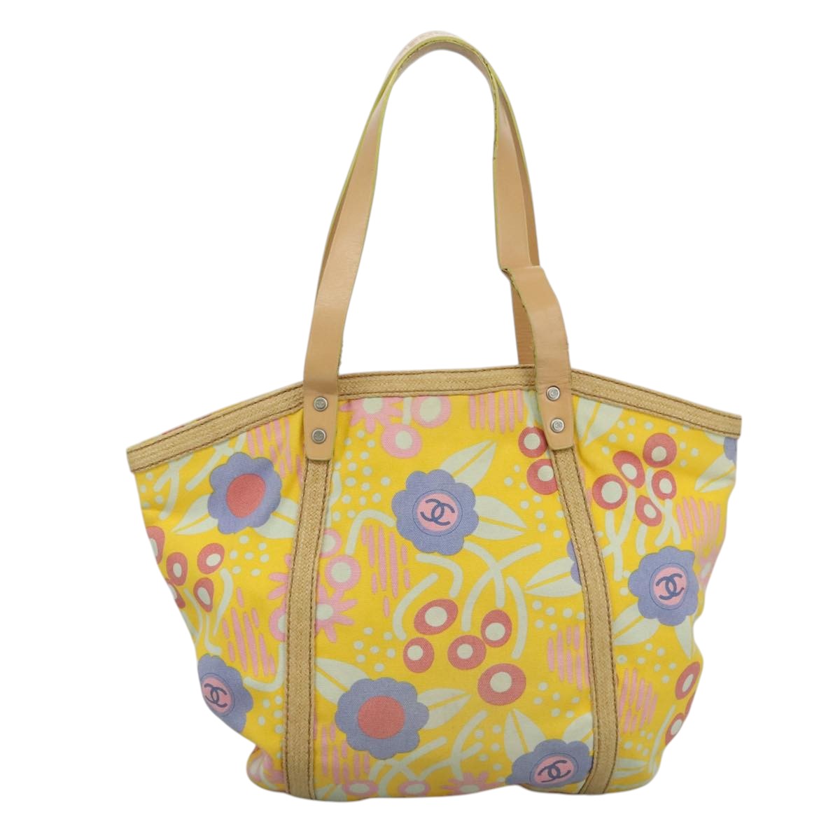 CHANEL Tote Bag Canvas Leather Yellow Beige Silver CC 109460