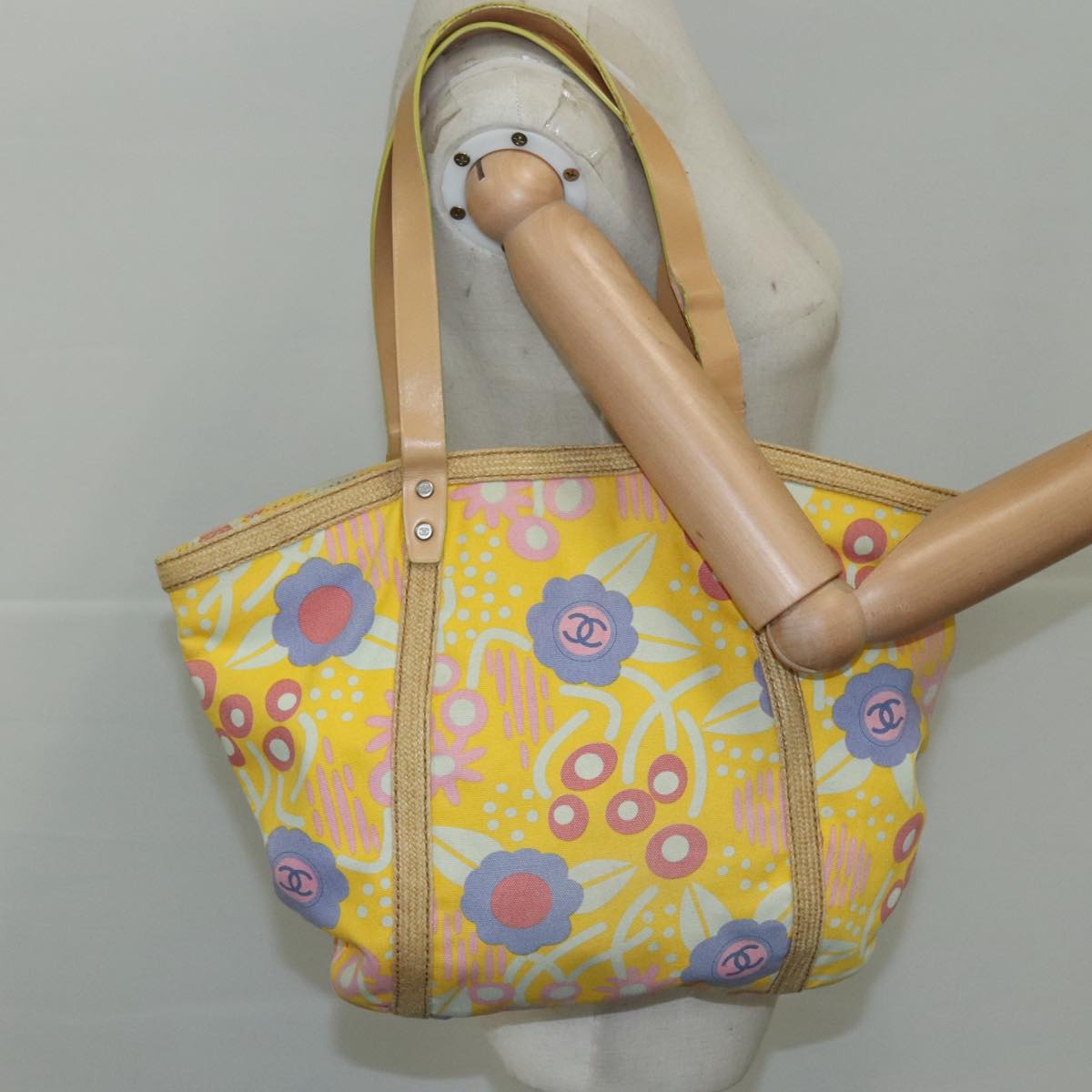 CHANEL Tote Bag Canvas Leather Yellow Beige Silver CC 109460