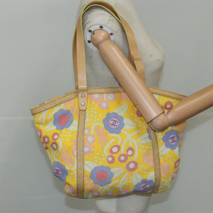 CHANEL Tote Bag Canvas Leather Yellow Beige Silver CC 109460