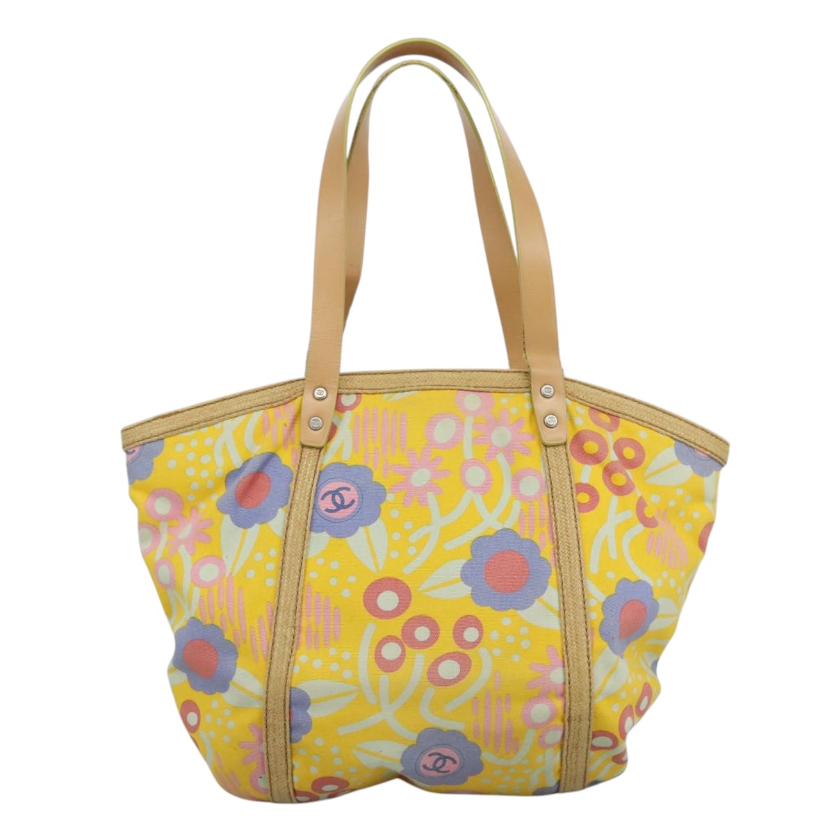 CHANEL Tote Bag Canvas Leather Yellow Beige Silver CC 109460