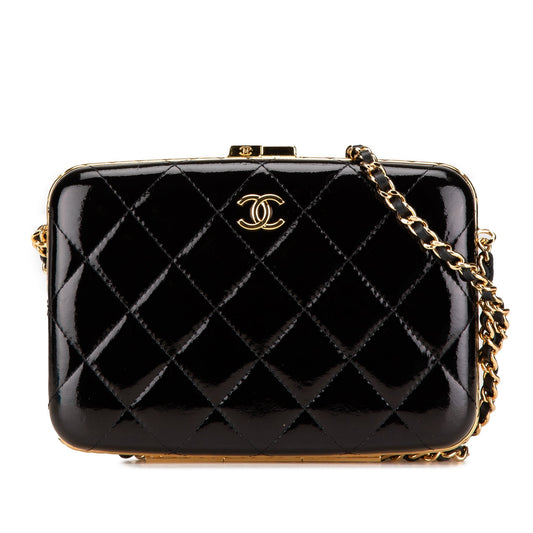 Black Chanel Large Glazed Goatskin Box With Chain Crossbody Bag