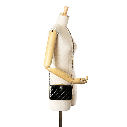 Black Chanel Large Glazed Goatskin Box With Chain Crossbody Bag