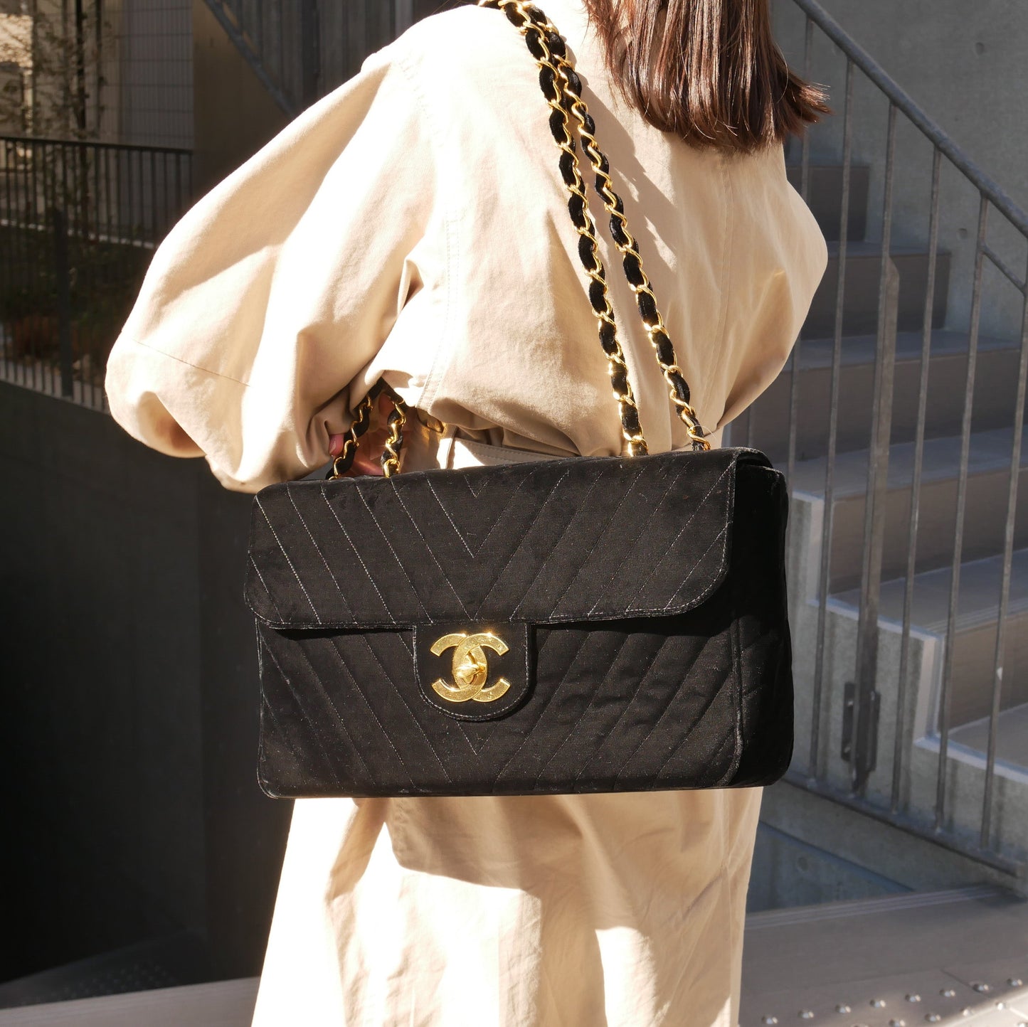 CHANEL 1991-1994 Black Velvet Chevron Classic Flap Maxi