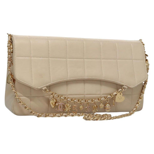 CHANEL Choco Bar Chain Shoulder Bag Lamb Skin Ivory CC 110166A