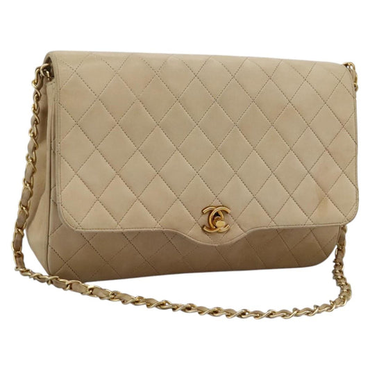CHANEL Matelasse Chain Shoulder Bag Lamb Skin Beige Gold CC 110167