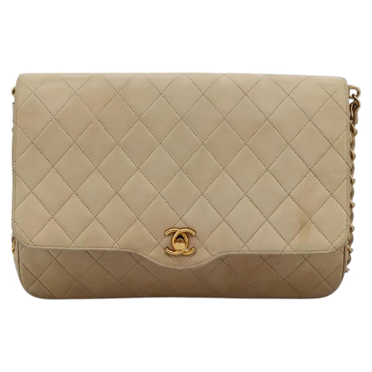 CHANEL Matelasse Chain Shoulder Bag Lamb Skin Beige Gold CC 110167