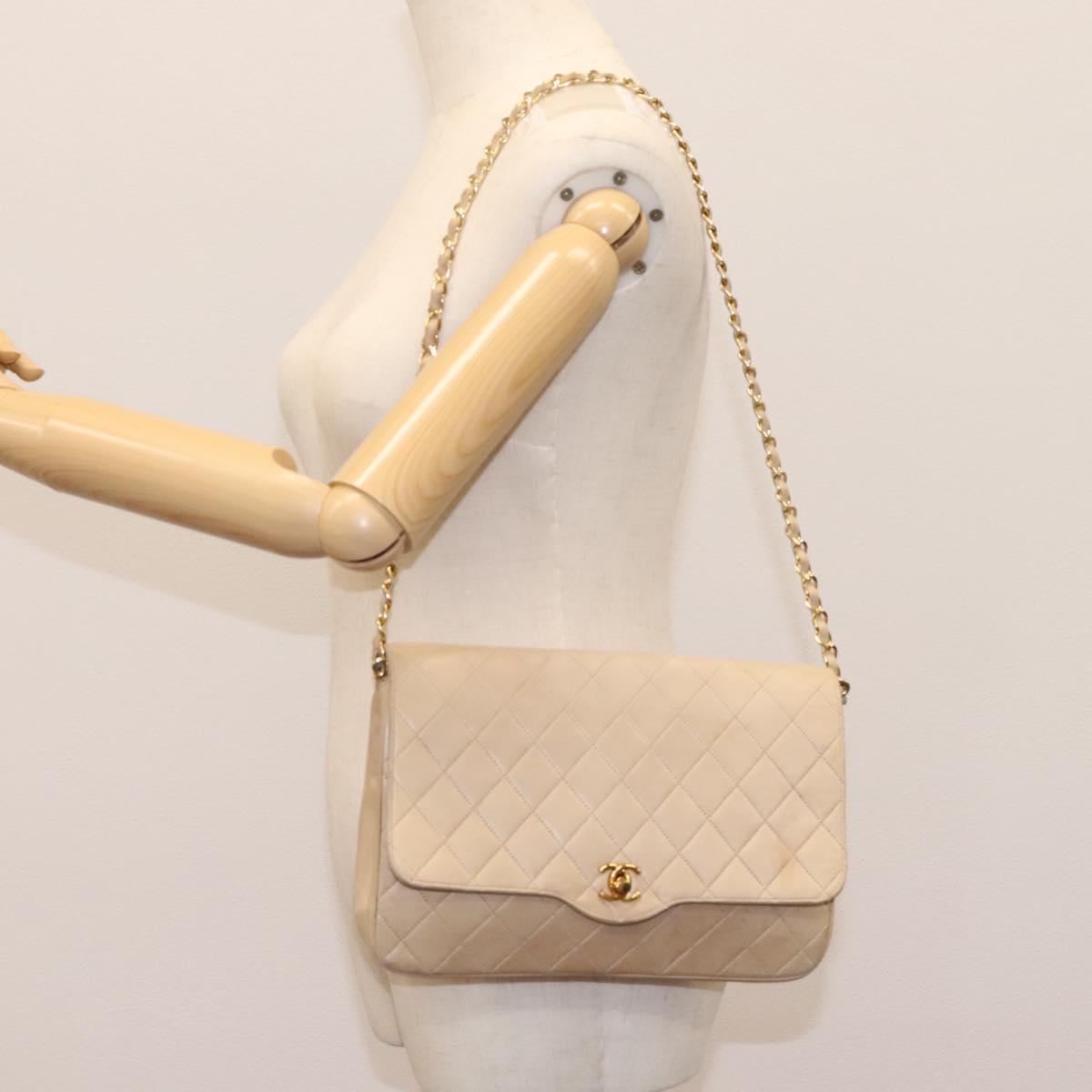 CHANEL Matelasse Chain Shoulder Bag Lamb Skin Beige Gold CC 110167