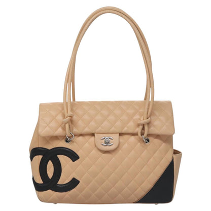 CHANEL Matelasse Cambon Line Shoulder Bag Leather Beige Silver CC 110229A
