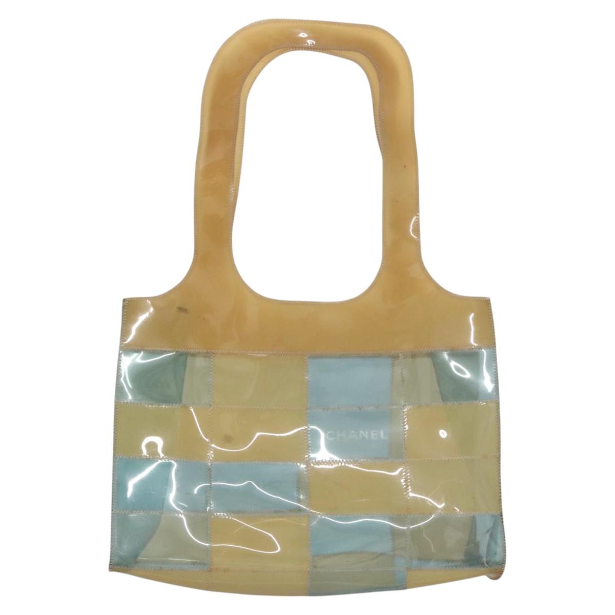 CHANEL Choco Bar Tote Bag Vinyl Beige Blue CC 110236