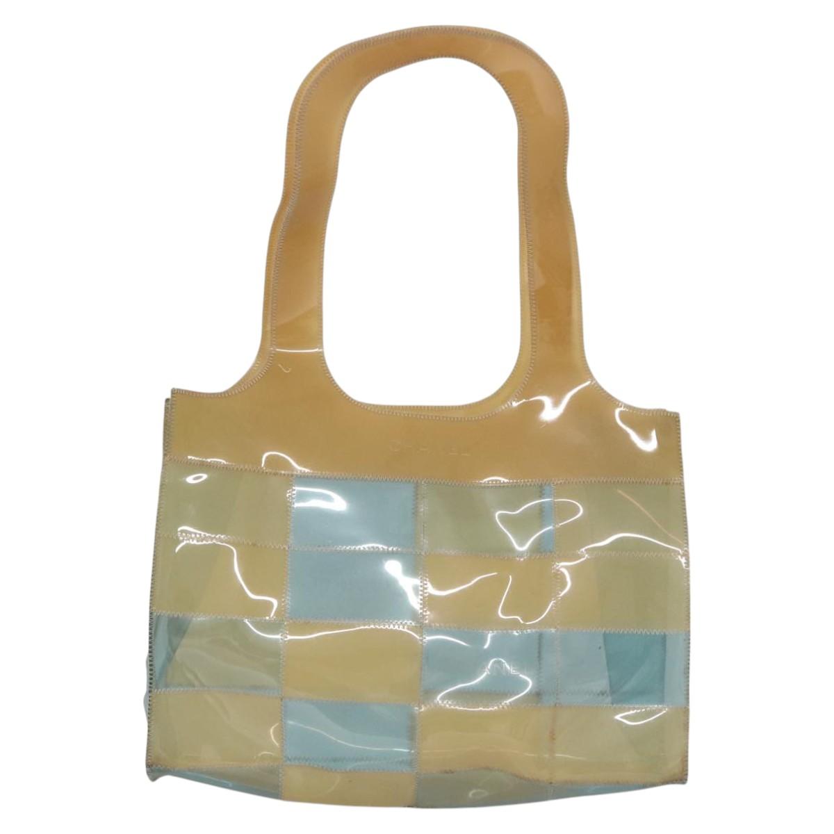 CHANEL Choco Bar Tote Bag Vinyl Beige Blue CC 110236