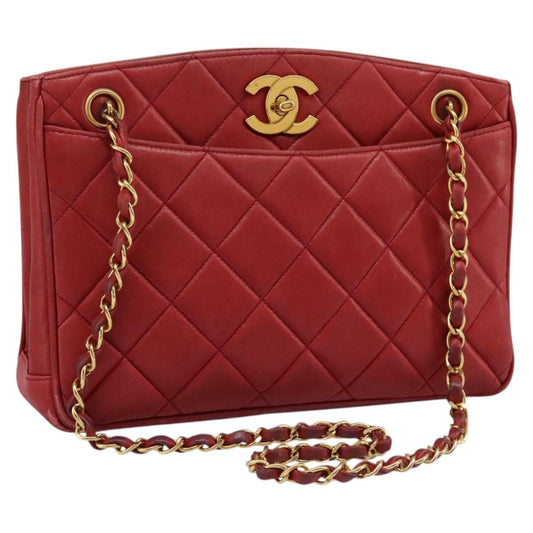 CHANEL Matelasse Chain Shoulder Bag Lamb Skin Red Gold CC 110281