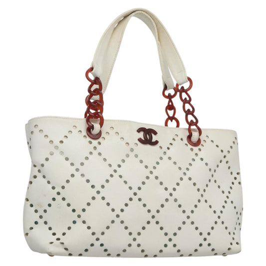 CHANEL Tote Bag Caviar Skin White CC 110288