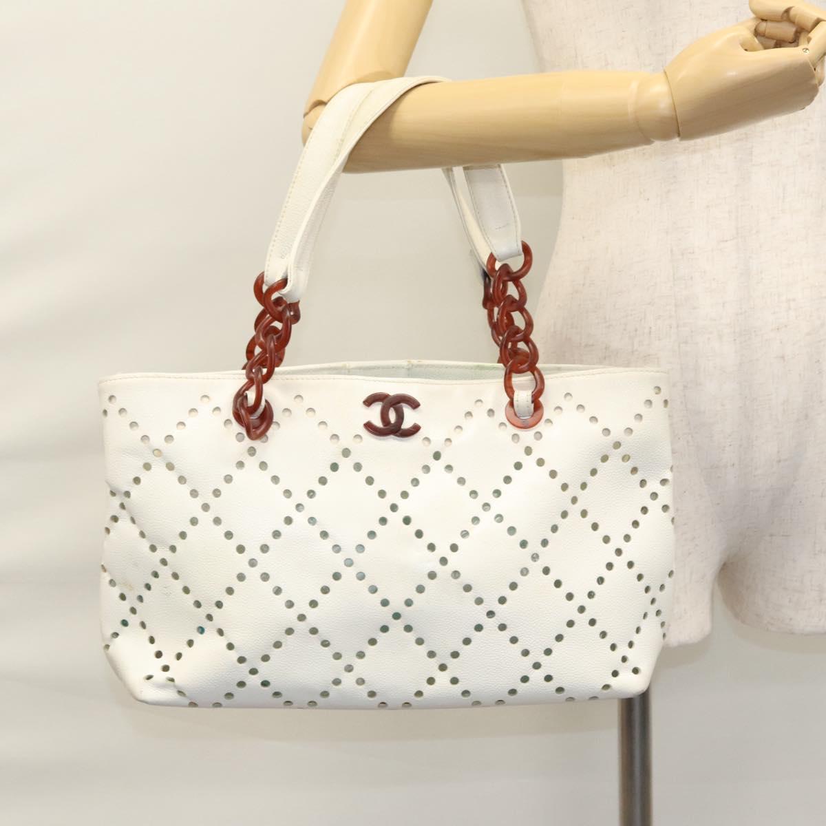 CHANEL Tote Bag Caviar Skin White CC 110288