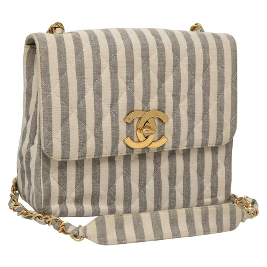 CHANEL Striped Matelasse Chain Shoulder Bag Canvas White Gray CC 110304A