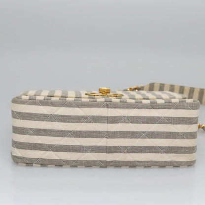 CHANEL Striped Matelasse Chain Shoulder Bag Canvas White Gray CC 110304A